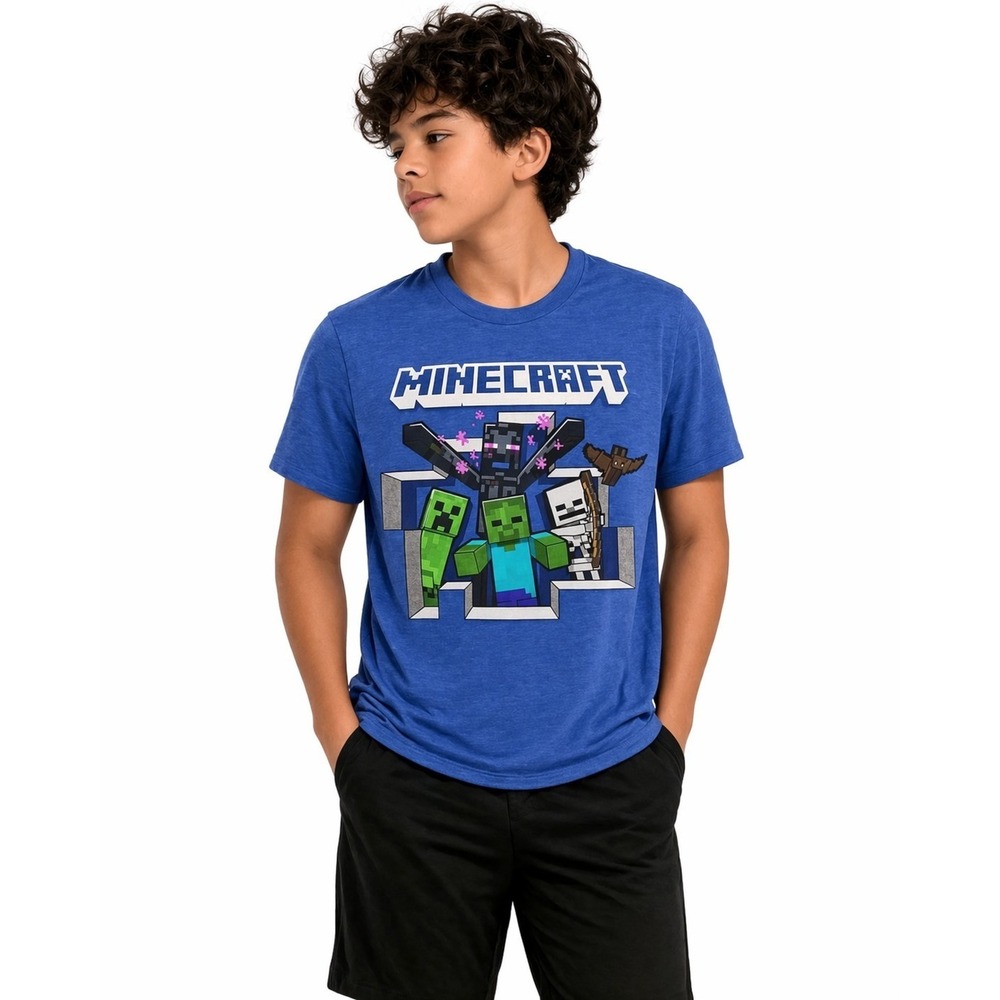 Minecraft Boys Blue Creeper Tee Shirt Video Gamer T-Shirt Size L (10/12)